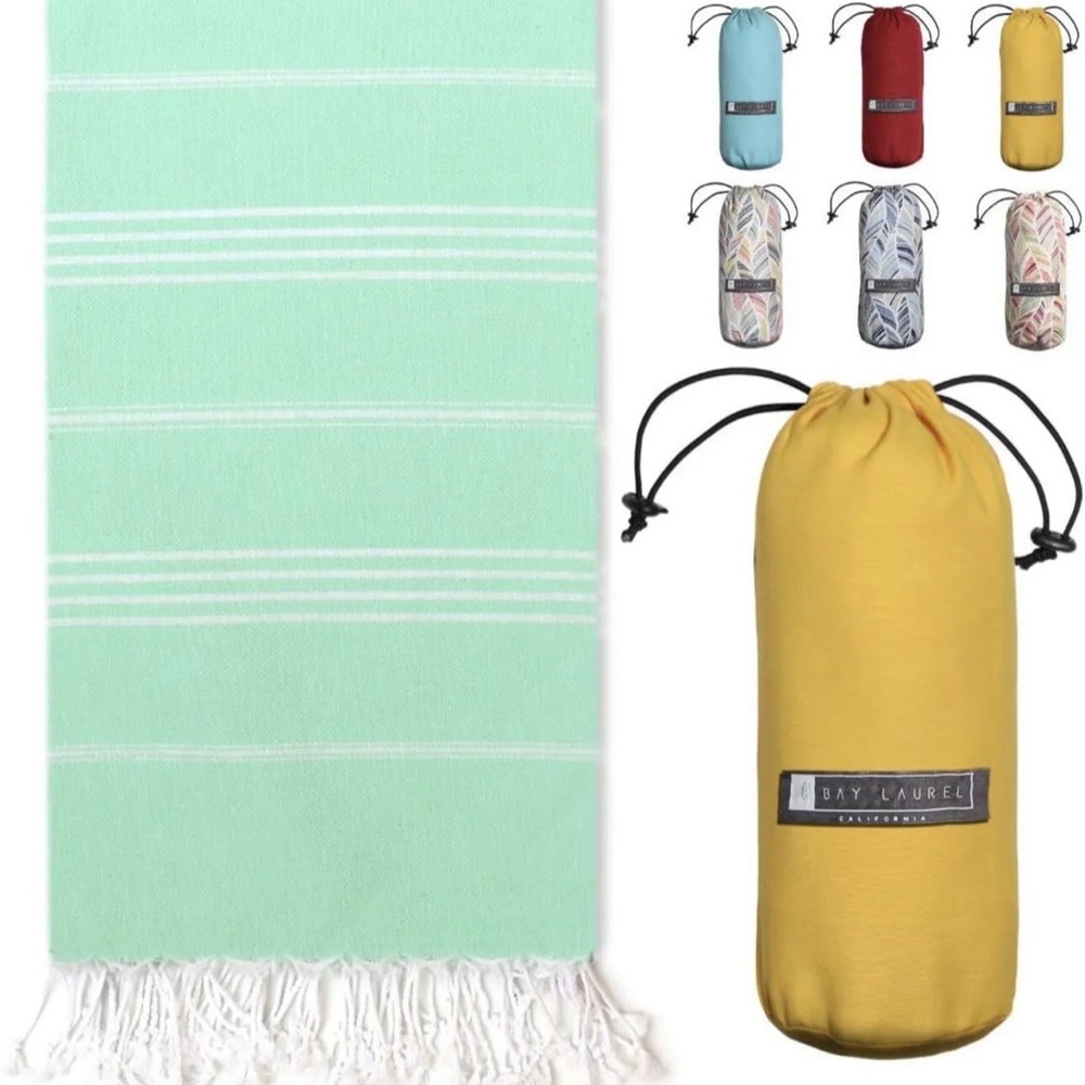 Bay Laurel Turkish Beach Towel With Travel Bag- 39x71 Quick Dry, Sand Free